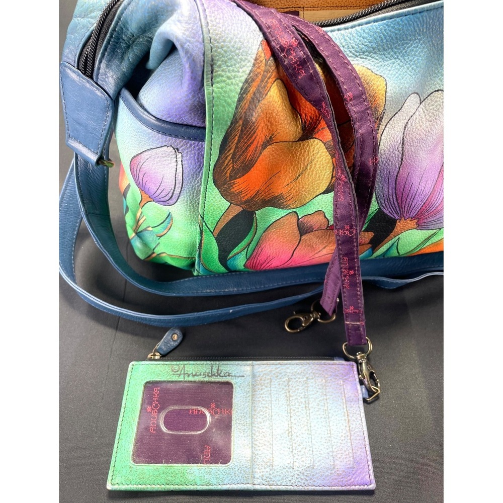 Anuschka Hand Painted Leather Floral Hobo Crossbody Bag Wallet Key Strap - Picture 4 of 9